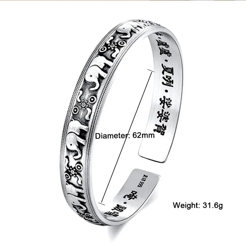 Vintage Jewelry Elephant Bangle Bracelet Carved Scriptures  in 925 Sterling Silver