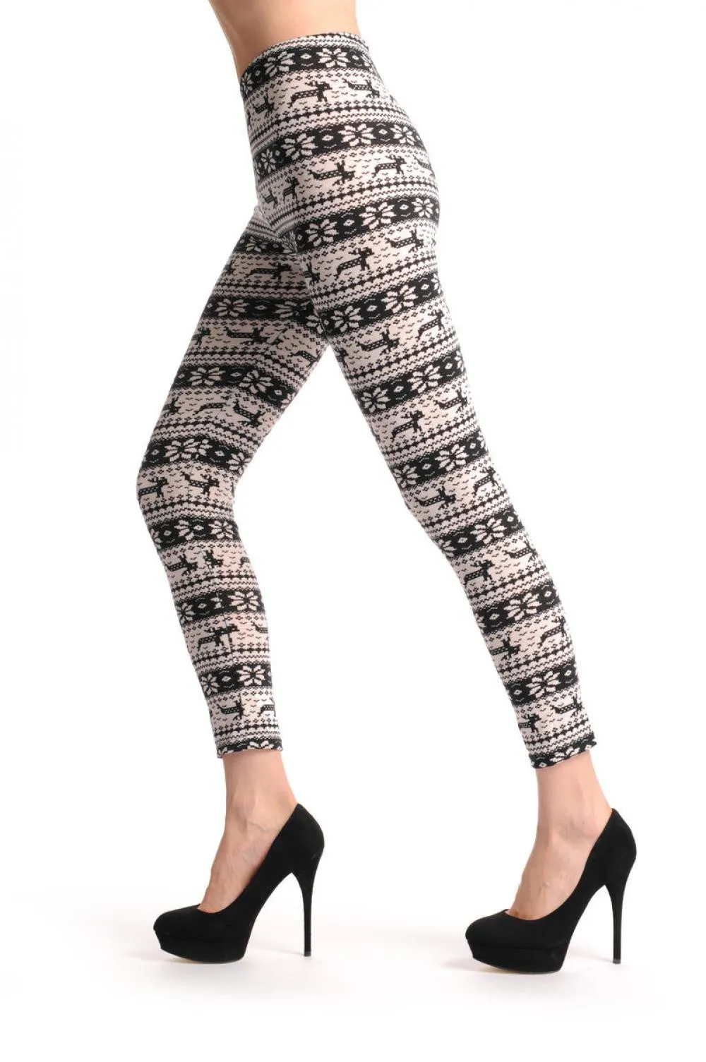 White & Black Reindeers Aztec Jacquard Knit