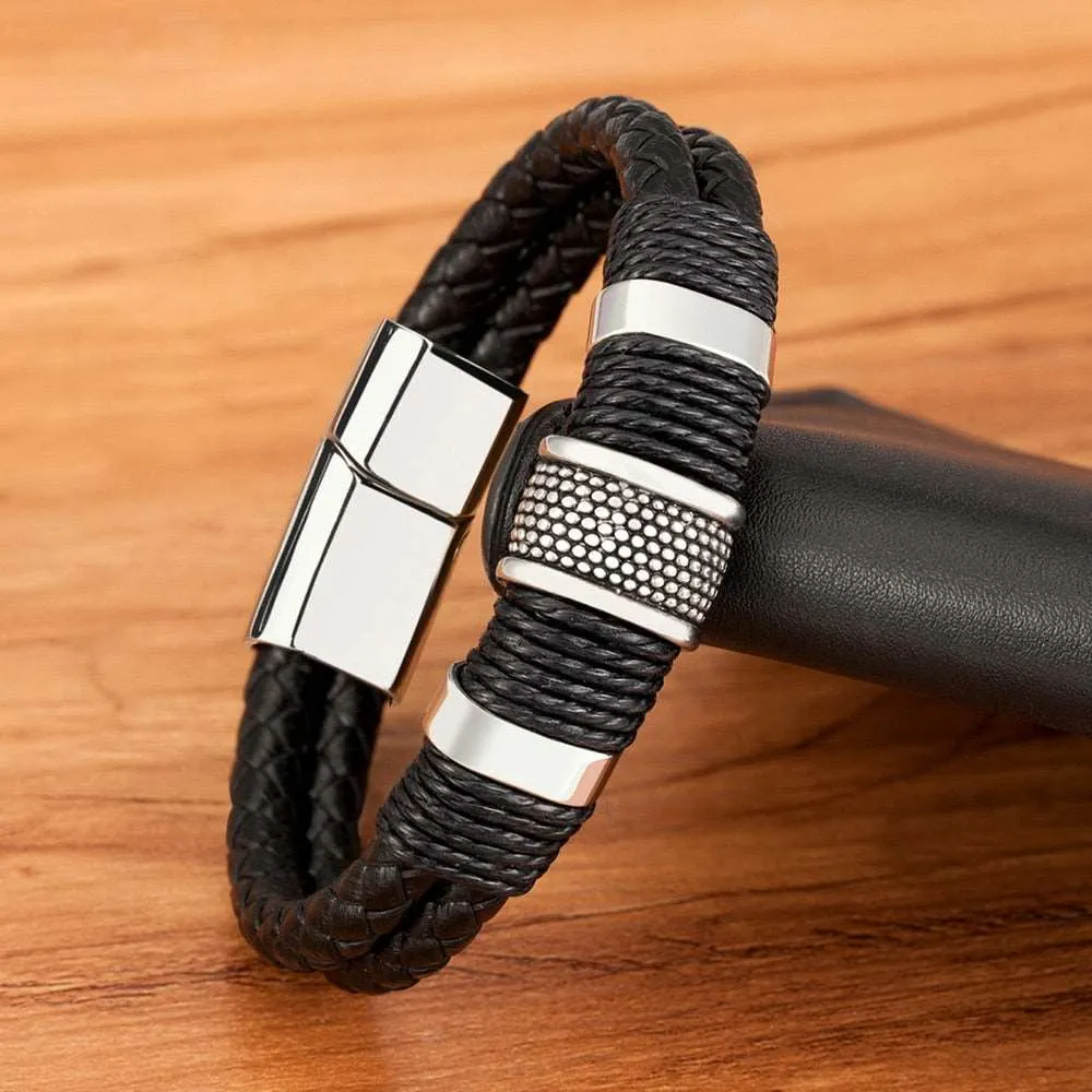 Woven Leather Stainless Steel Men's Bracelet Double-layer Design