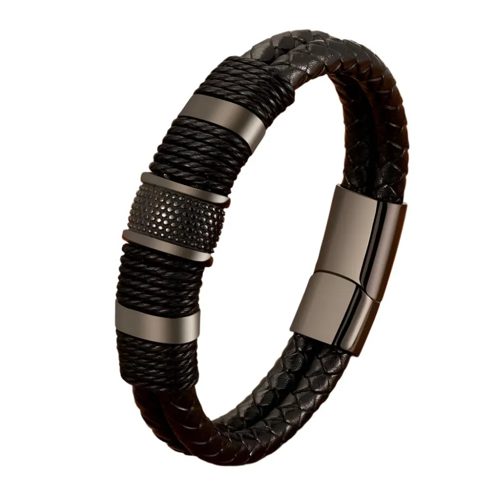 Woven Leather Stainless Steel Men's Bracelet Double-layer Design