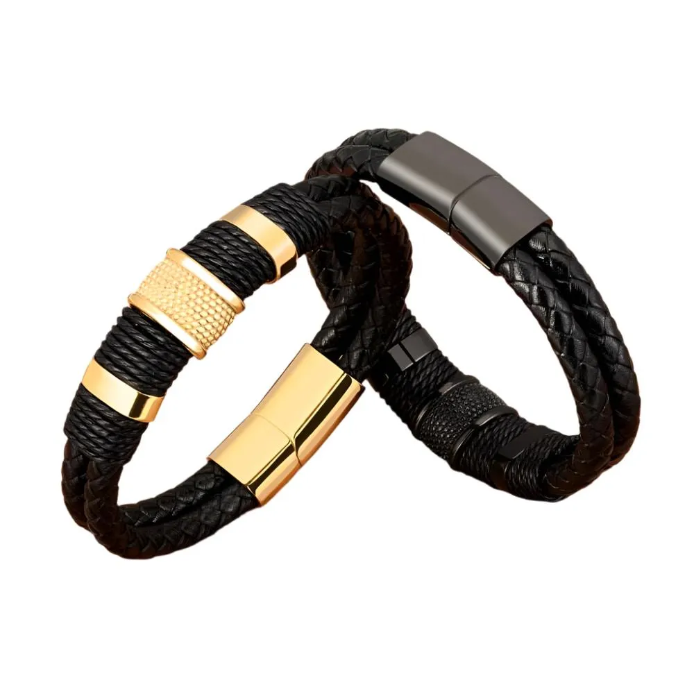 Woven Leather Stainless Steel Men's Bracelet Double-layer Design